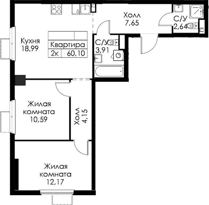 2-комнатная квартира 60.1 м², 12/15 эт., ЖК «Янинский лес»